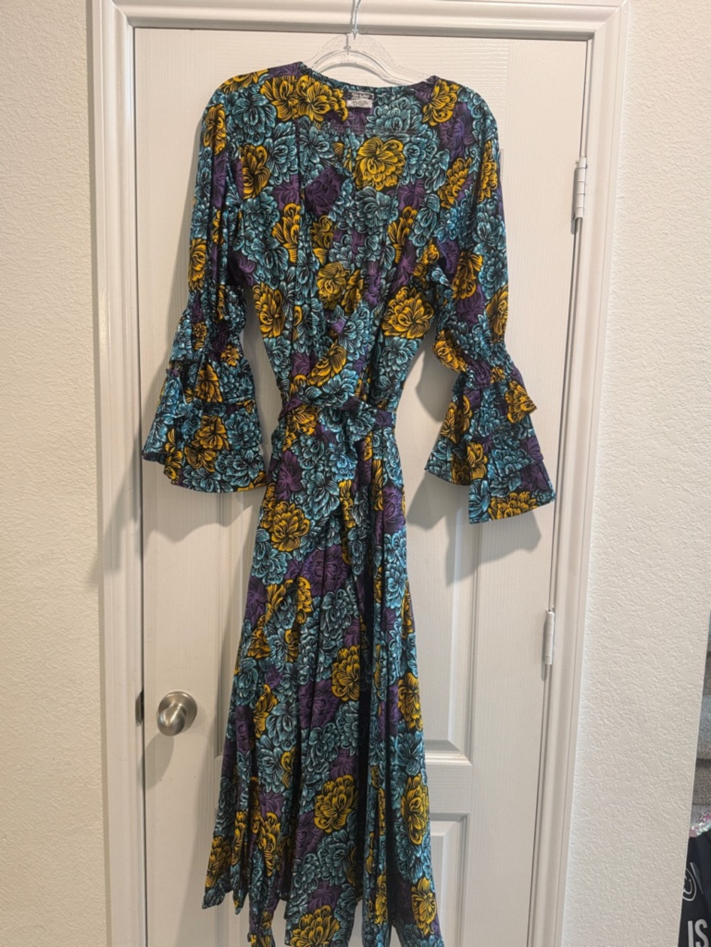 Floral Print Bell-Sleeve Maxi Dress in Teal, Yellow & Purple
